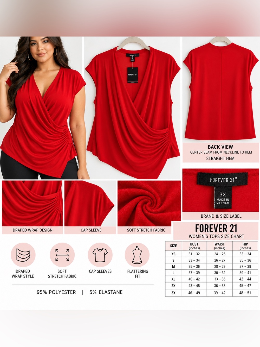FOREVER 21 WOMEN’S DRAPED TOP - RED SIZE 3X (NEW WITH TAGS) A25